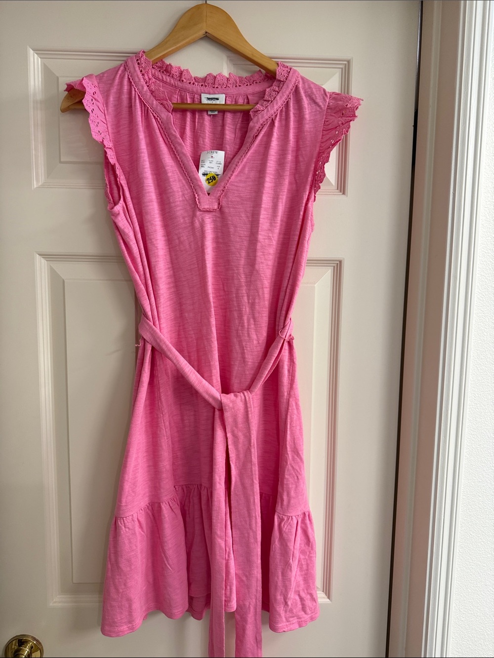 J. Crew Pink Lace-Cap Sleeve Mini Dress with Tie Belt